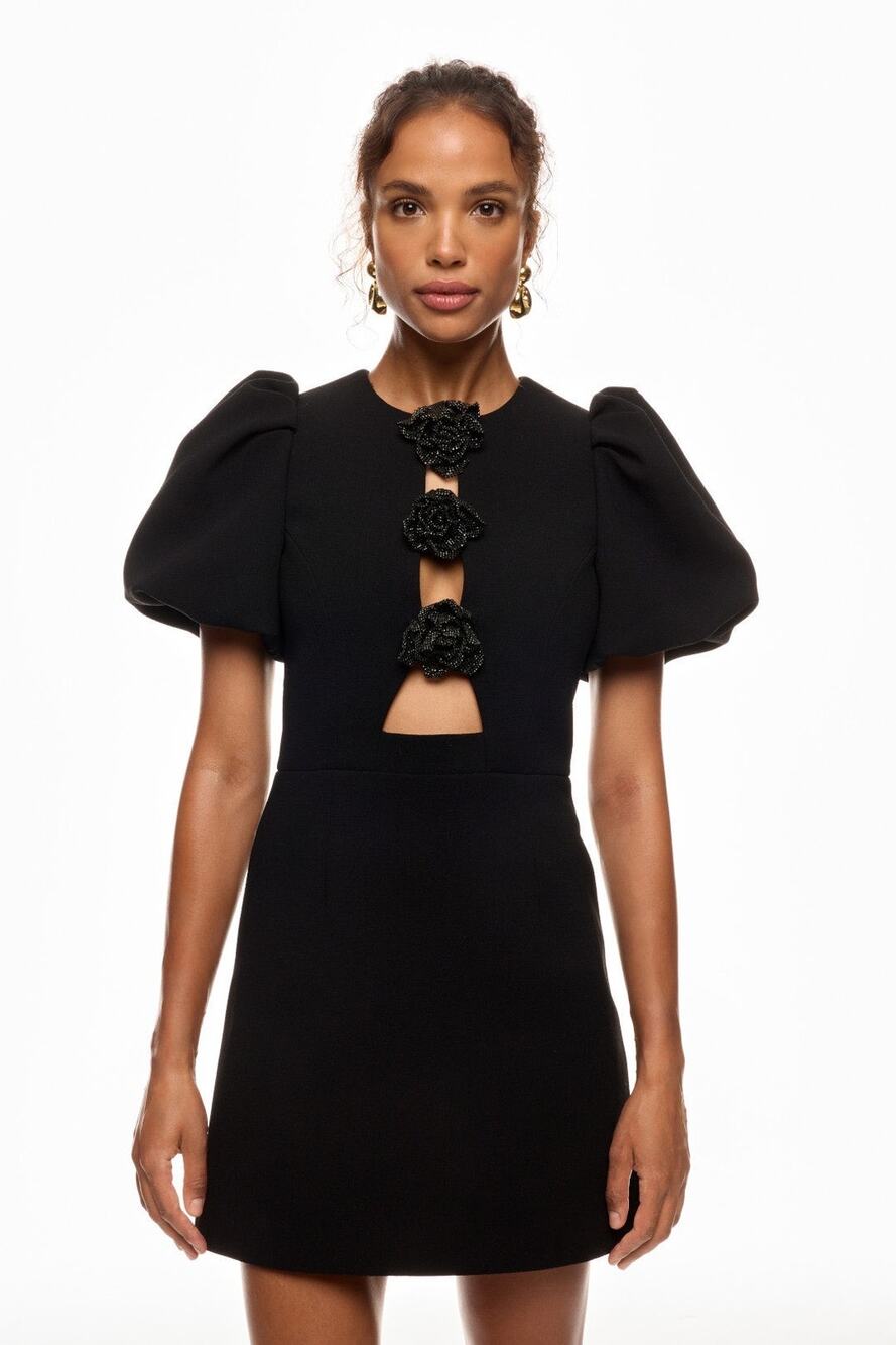 Rebecca Vallance Sz 8 Aubree Black Short Puff Sleeve Cut Out Party Mini Dress